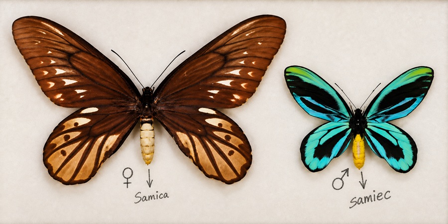 Ornithoptera alexandrae – porównanie wielkości samicy o brązowych skrzydłach z mniejszym, niebiesko-zielonym samcem na jasnym tle.